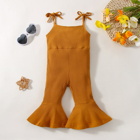 Summer Girls' Sunken Stripe Cotton Solid Color Sling One-piece Bell-bottom Pants - ANIBEY