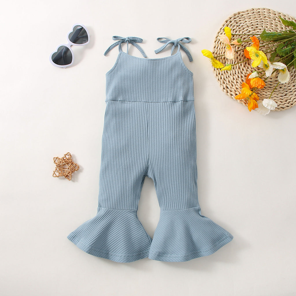 Summer Girls' Sunken Stripe Cotton Solid Color Sling One-piece Bell-bottom Pants - ANIBEY