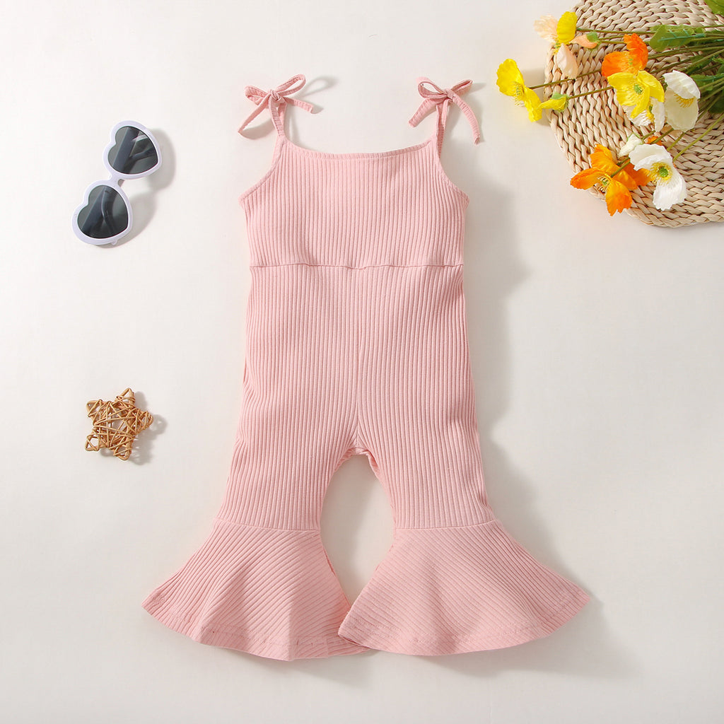 Summer Girls' Sunken Stripe Cotton Solid Color Sling One-piece Bell-bottom Pants - ANIBEY