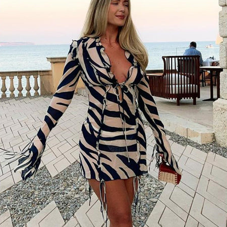 Printed Long-sleeved Peplum Zebra Print Sheath Lace-up See-through Dress - ANIBEY