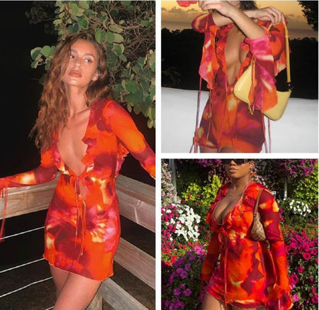 Printed Long-sleeved Peplum Zebra Print Sheath Lace-up See-through Dress - ANIBEY