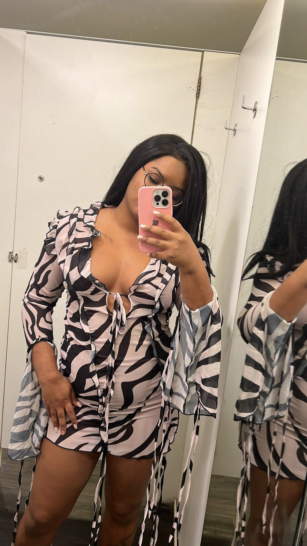Printed Long-sleeved Peplum Zebra Print Sheath Lace-up See-through Dress - ANIBEY