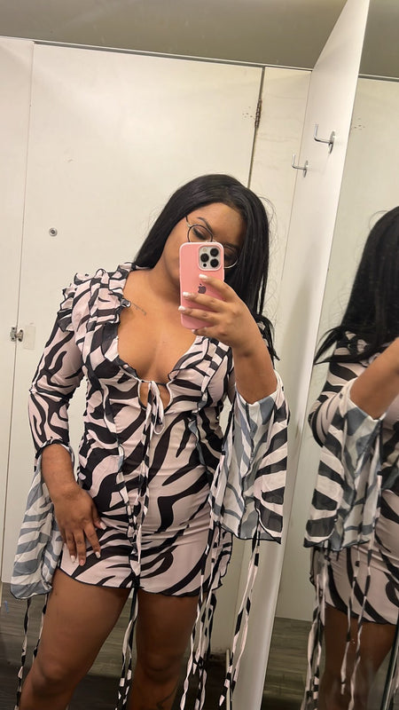 Printed Long-sleeved Peplum Zebra Print Sheath Lace-up See-through Dress - ANIBEY