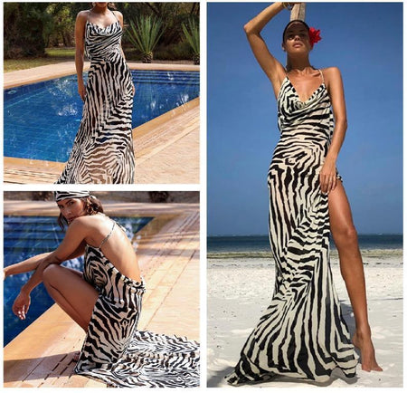 Printed Long-sleeved Peplum Zebra Print Sheath Lace-up See-through Dress - ANIBEY
