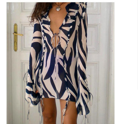Printed Long-sleeved Peplum Zebra Print Sheath Lace-up See-through Dress - ANIBEY