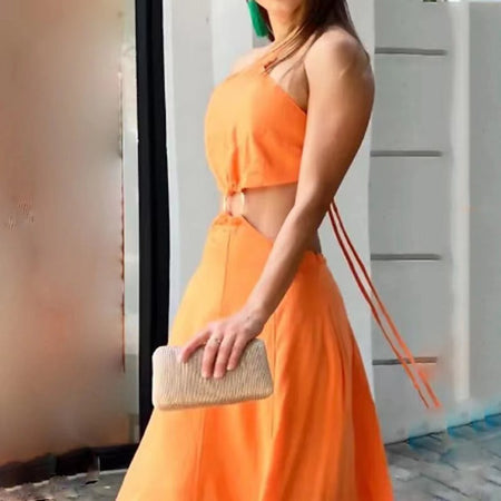 Orange Autumn Sleeveless Dress - ANIBEY