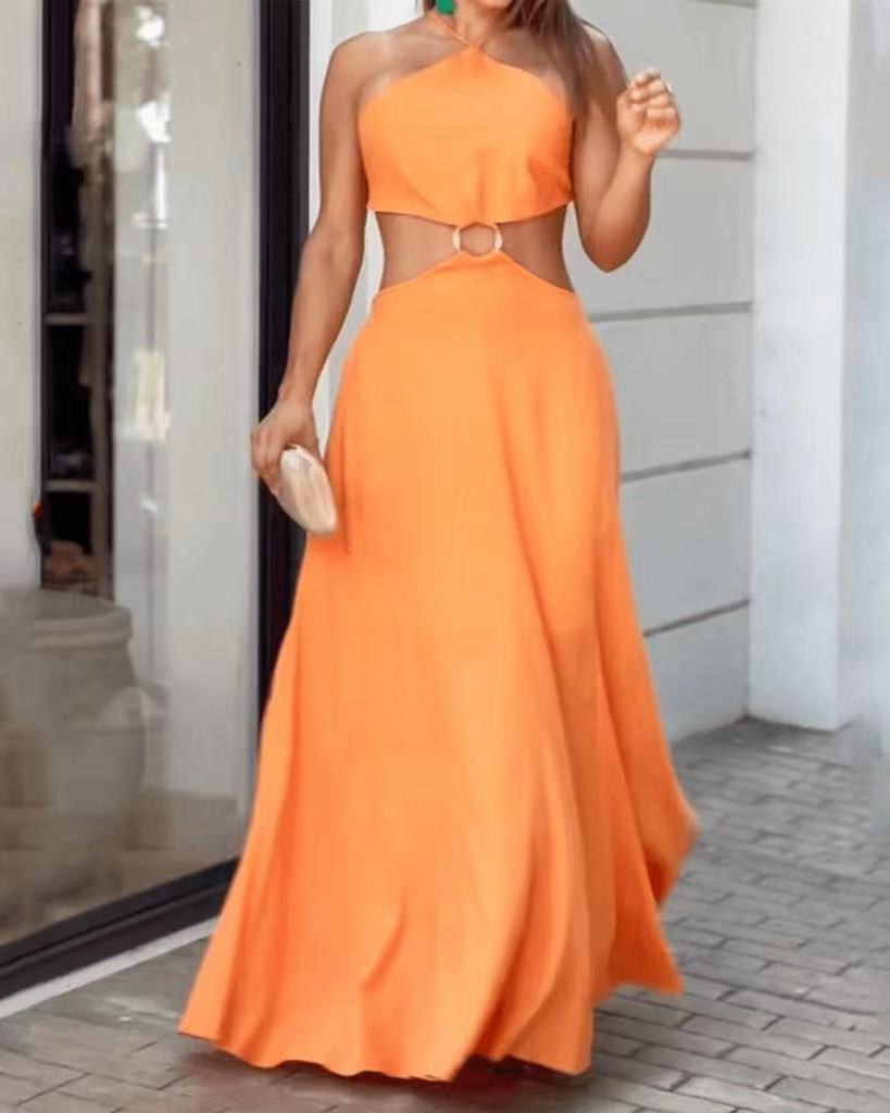 Orange Autumn Sleeveless Dress - ANIBEY