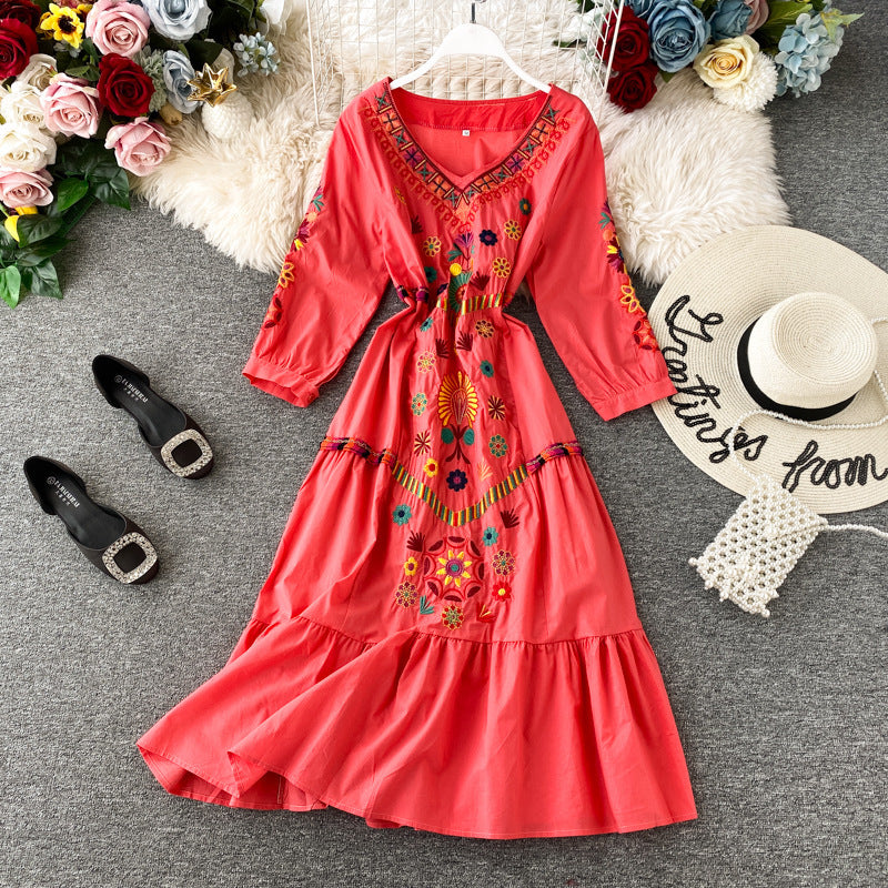 Women's Boho Embroidered V-Neck Loose Ruffle Long Skirt - ANIBEY