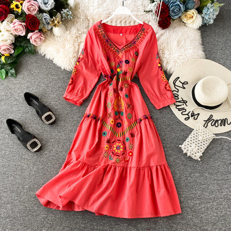 Women's Boho Embroidered V-Neck Loose Ruffle Long Skirt - ANIBEY