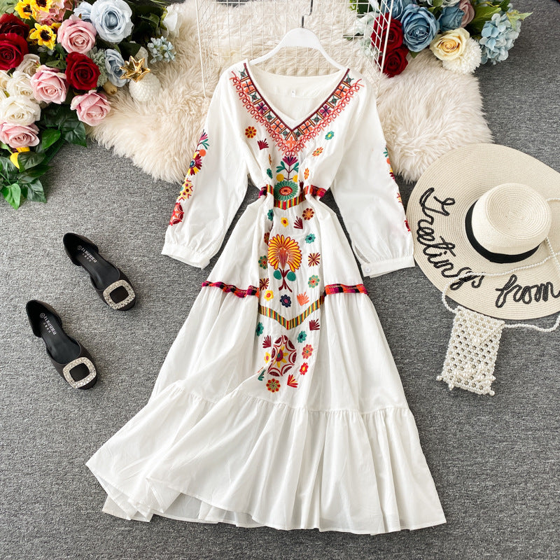 Women's Boho Embroidered V-Neck Loose Ruffle Long Skirt - ANIBEY