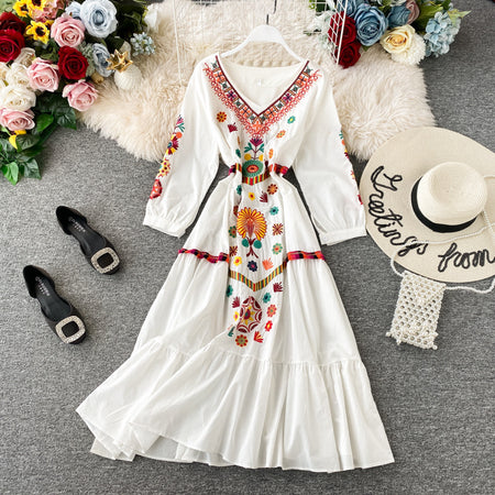 Women's Boho Embroidered V-Neck Loose Ruffle Long Skirt - ANIBEY