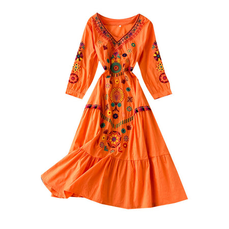 Women's Boho Embroidered V-Neck Loose Ruffle Long Skirt - ANIBEY