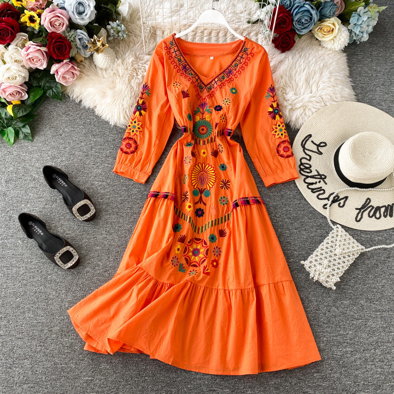 Women's Boho Embroidered V-Neck Loose Ruffle Long Skirt - ANIBEY