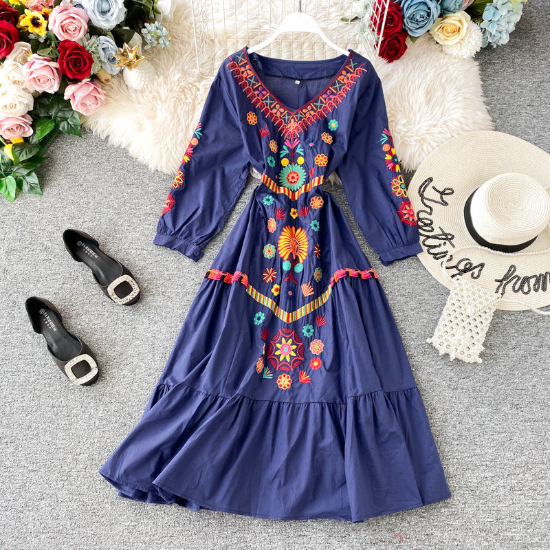 Women's Boho Embroidered V-Neck Loose Ruffle Long Skirt - ANIBEY