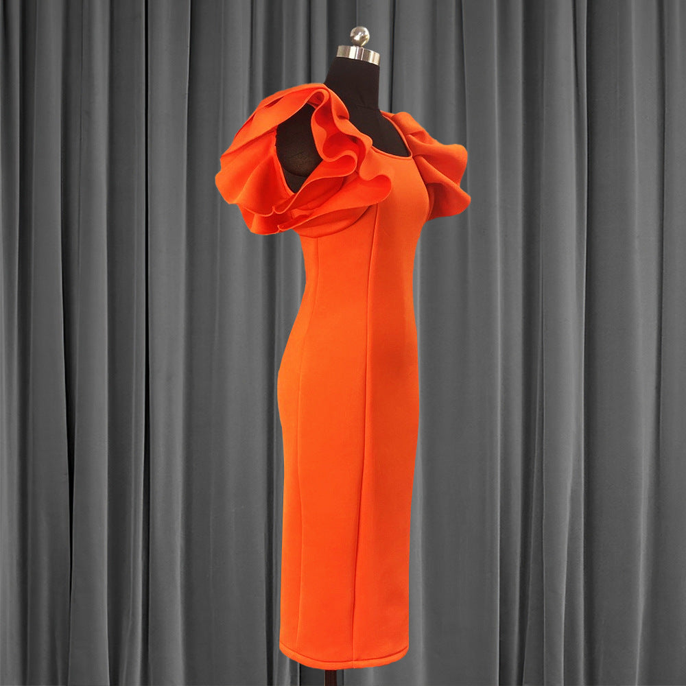 Elegant Orange Dress With Wood Ear Sleeves And High Waist Slimming - ANIBEY