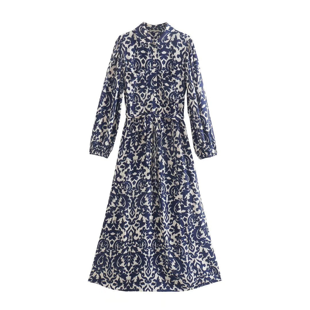 New Women's Stand Collar Printed Long Sleeve Waist-controlled Lace-up Dress - ANIBEY