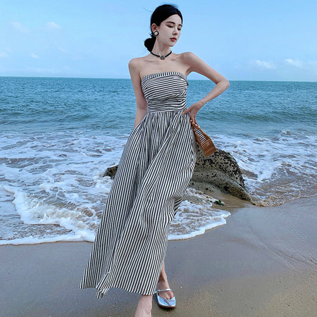 Off-neck Pleated High Waist A- Line Tube Top Beach Dress - ANIBEY