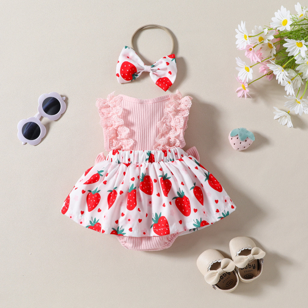 Infant Toddler Strawberry Print Bow Sleeveless Summer Romper - ANIBEY