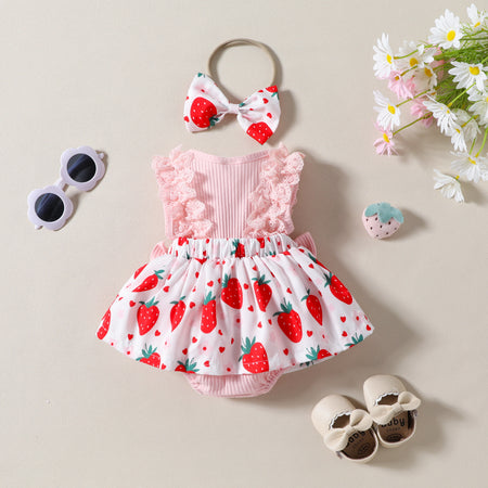 Infant Toddler Strawberry Print Bow Sleeveless Summer Romper - ANIBEY