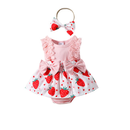 Infant Toddler Strawberry Print Bow Sleeveless Summer Romper - ANIBEY