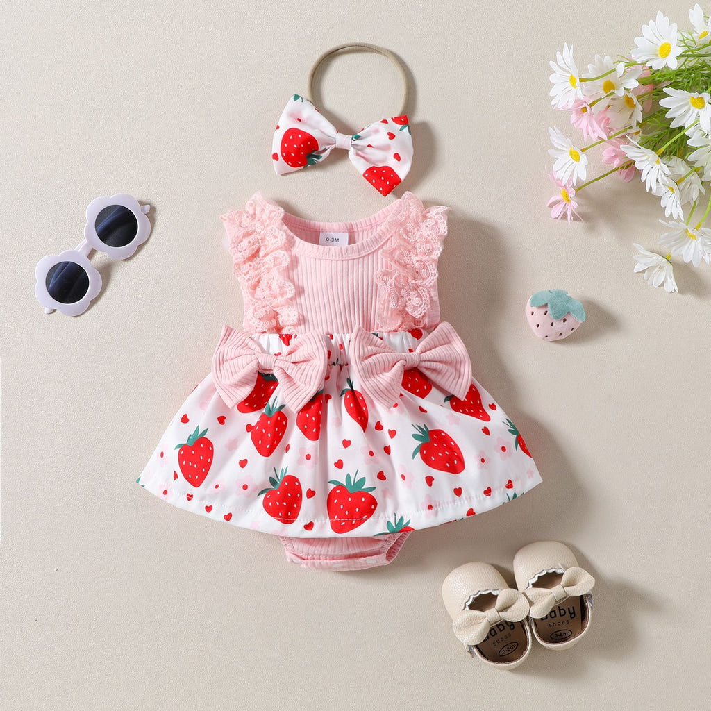 Infant Toddler Strawberry Print Bow Sleeveless Summer Romper - ANIBEY