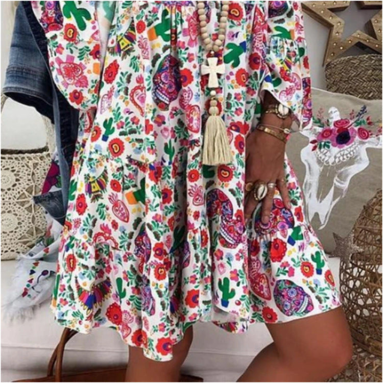 Small Floral V-neck Flare Sleeve Skirt - ANIBEY