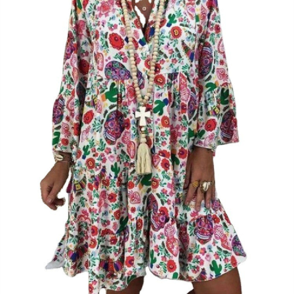Small Floral V-neck Flare Sleeve Skirt - ANIBEY