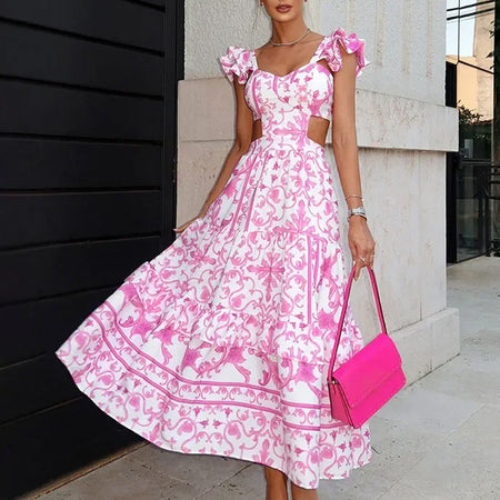 Summer Padded Shoulder Women's Printed Wear Hollow Length Dress - ANIBEY