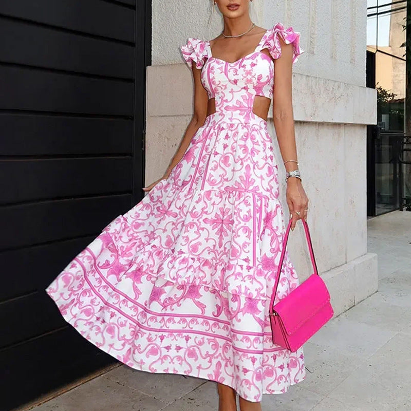 Summer Padded Shoulder Women's Printed Wear Hollow Length Dress - ANIBEY