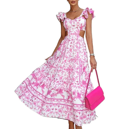 Summer Padded Shoulder Women's Printed Wear Hollow Length Dress - ANIBEY