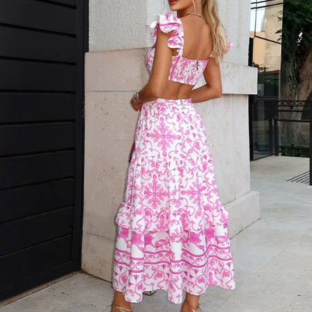 Summer Padded Shoulder Women's Printed Wear Hollow Length Dress - ANIBEY