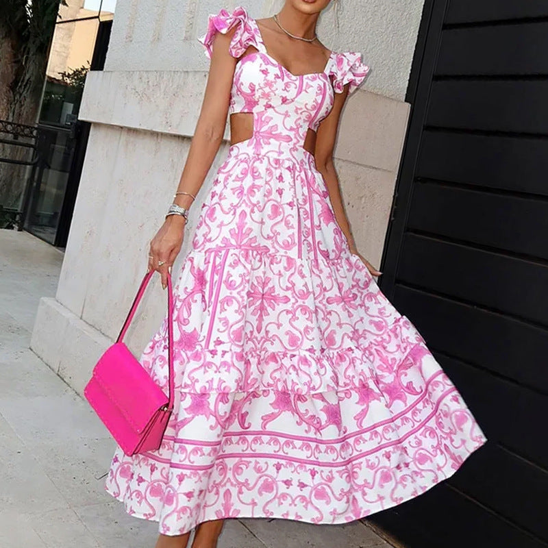 Summer Padded Shoulder Women's Printed Wear Hollow Length Dress - ANIBEY
