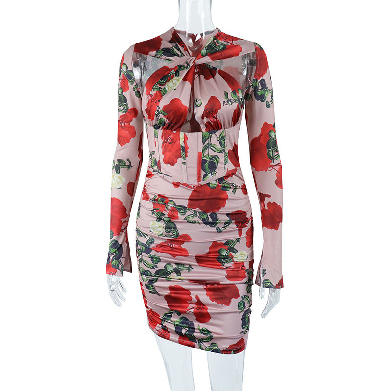 Crossover Cutout Zip Long Sleeve Pleated Pack Hip Dress - ANIBEY