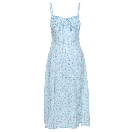 Ins French Temperament Retro Floral Dress Female Summer All-match Thin Waist Split Lace Sleeveless Suspender Skirt - ANIBEY