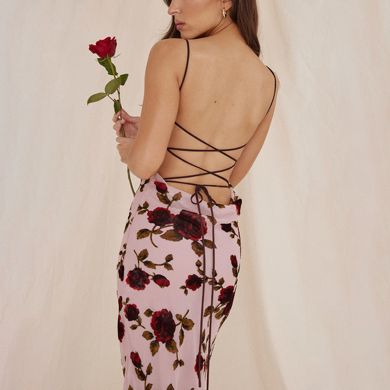 Rose Print Dress With Lace Spicy Girl - ANIBEY