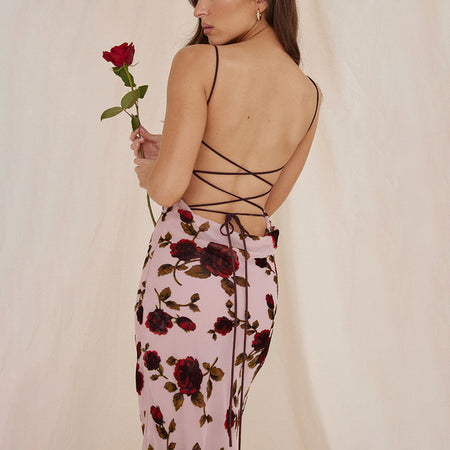Rose Print Dress With Lace Spicy Girl - ANIBEY