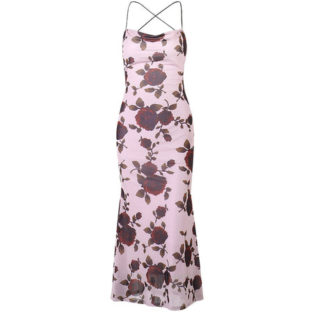 Rose Print Dress With Lace Spicy Girl - ANIBEY