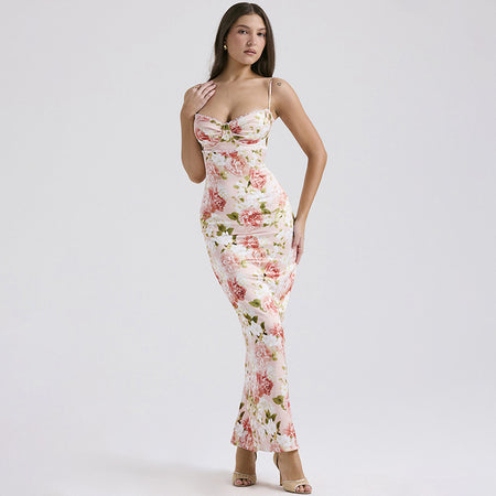 Spring NEW Long Elegant Printed Lace Suspender Dress Women's Clothing - ANIBEY