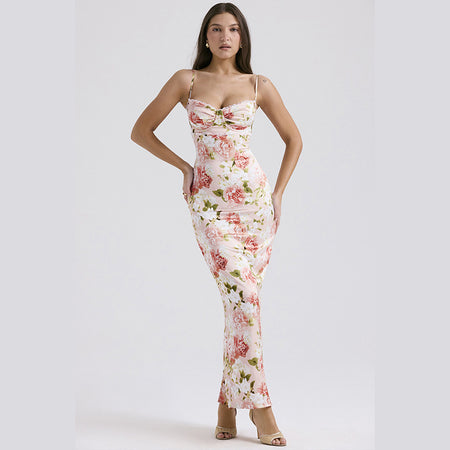 Spring NEW Long Elegant Printed Lace Suspender Dress Women's Clothing - ANIBEY