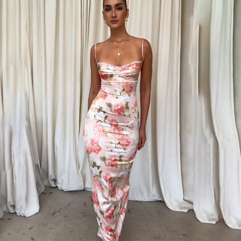 Spring NEW Long Elegant Printed Lace Suspender Dress Women's Clothing - ANIBEY