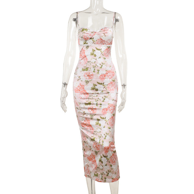 Spring NEW Long Elegant Printed Lace Suspender Dress Women's Clothing - ANIBEY