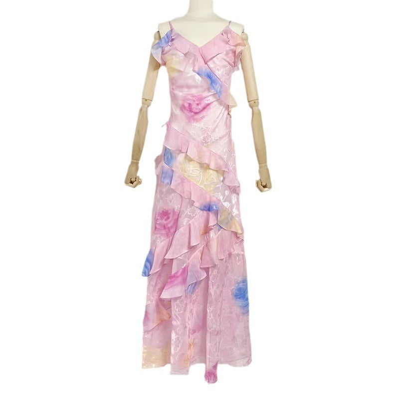 Styles V-Neck Strap Printing Slim Fit Ruffled Dress - ANIBEY