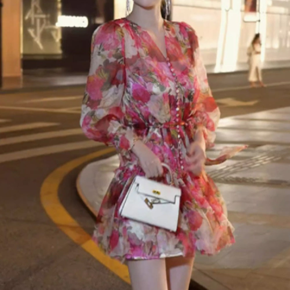 Summer New High End Elegant And Exquisite Elegance Royal Sister Fragmented Flower V-neck Dress - ANIBEY