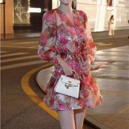 Summer New High End Elegant And Exquisite Elegance Royal Sister Fragmented Flower V-neck Dress - ANIBEY