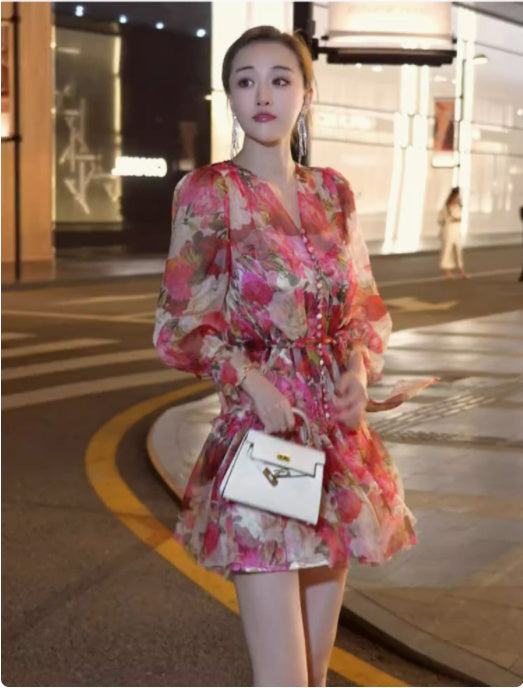Summer New High End Elegant And Exquisite Elegance Royal Sister Fragmented Flower V-neck Dress - ANIBEY