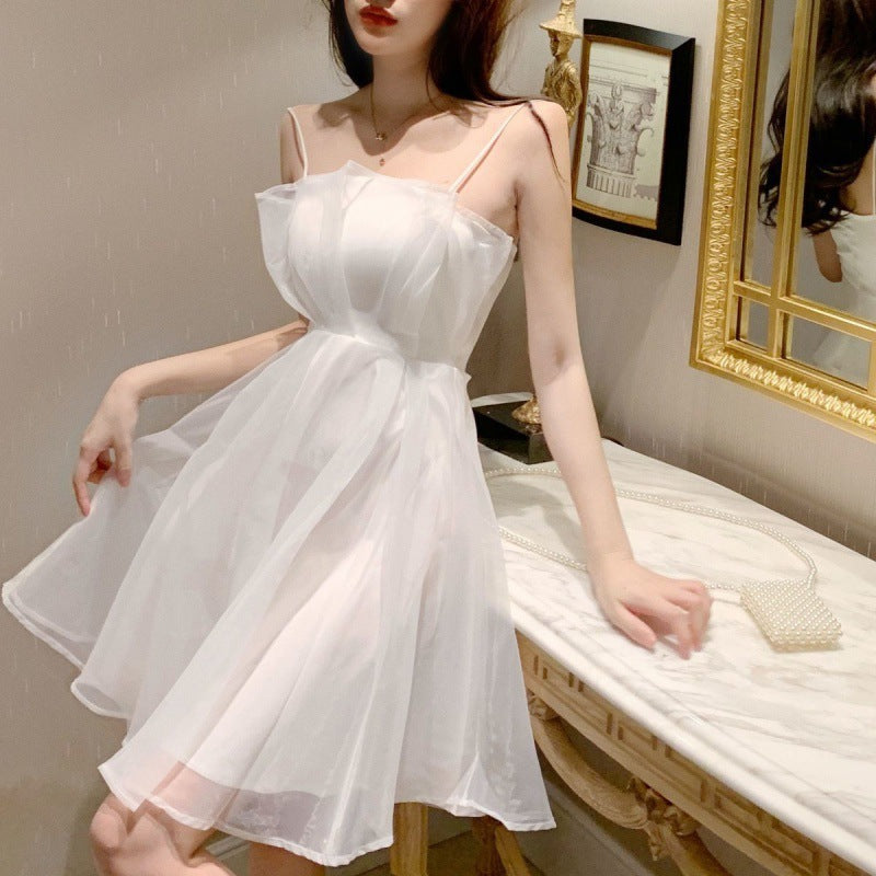 Women's Fashion Fake Two Pieces Seersucker Sling Dress - ANIBEY
