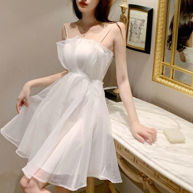 Women's Fashion Fake Two Pieces Seersucker Sling Dress - ANIBEY