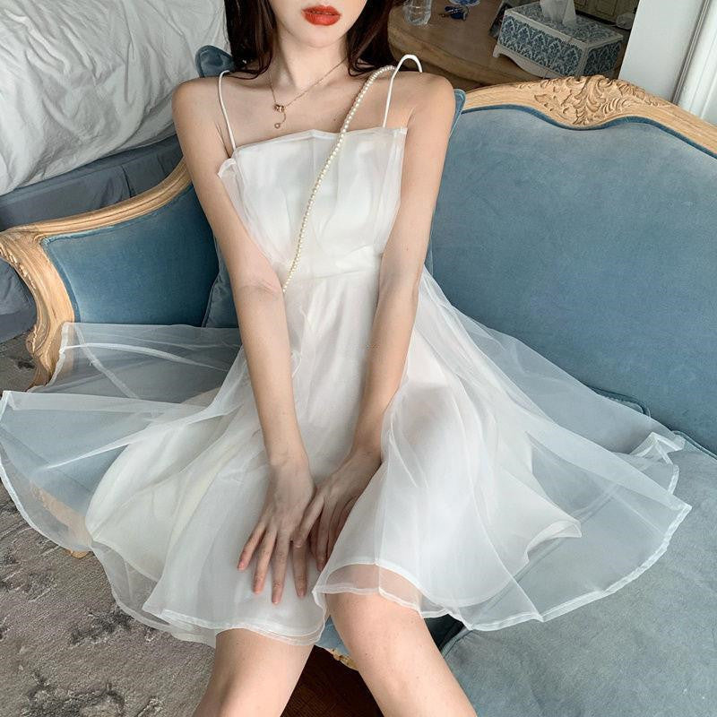 Women's Fashion Fake Two Pieces Seersucker Sling Dress - ANIBEY