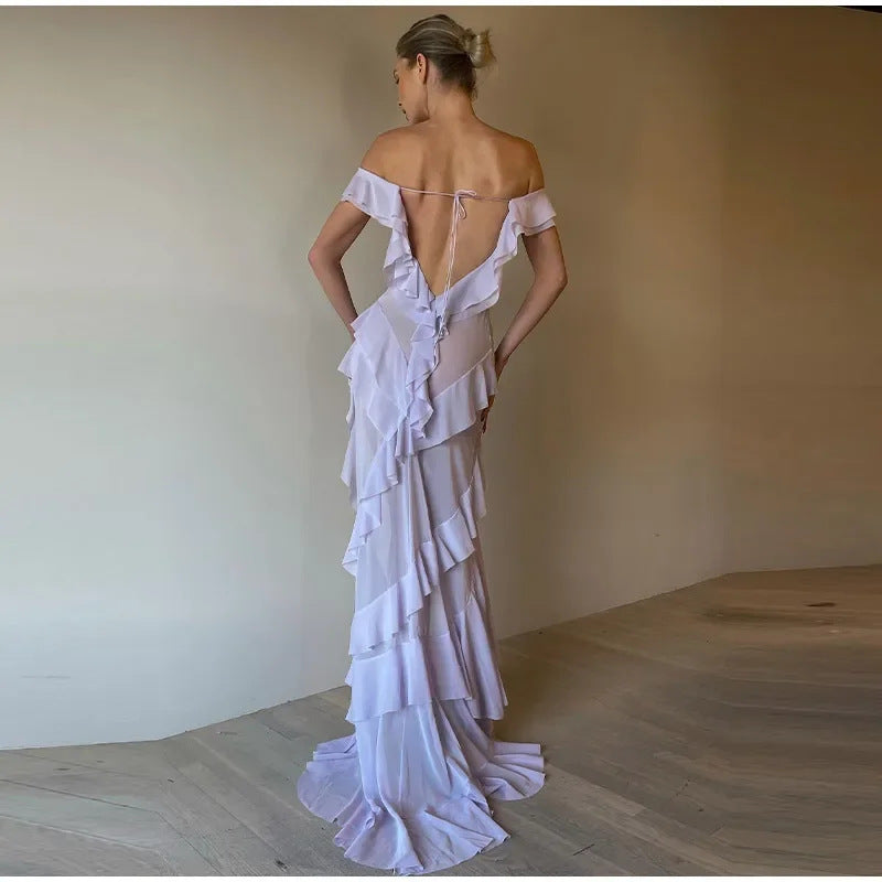 Women's Pure Color Ruffles Dress - ANIBEY