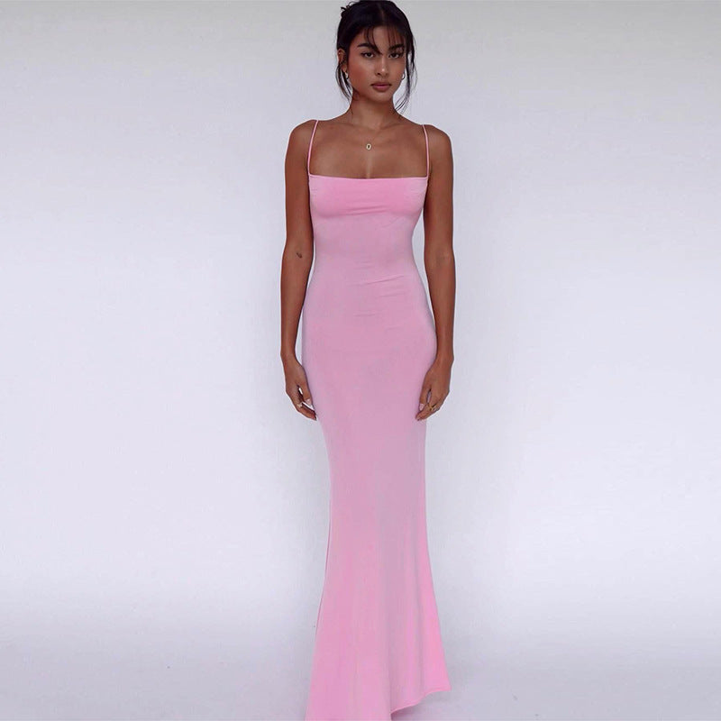 Women's Slim Fit Backless Strap Solid Color Dress - ANIBEY